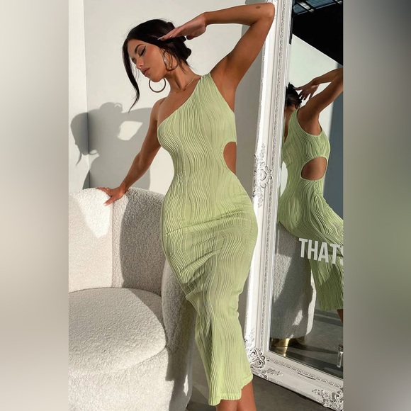 One Shoulder Knit Dress - Light Green - Picture 4 of 5